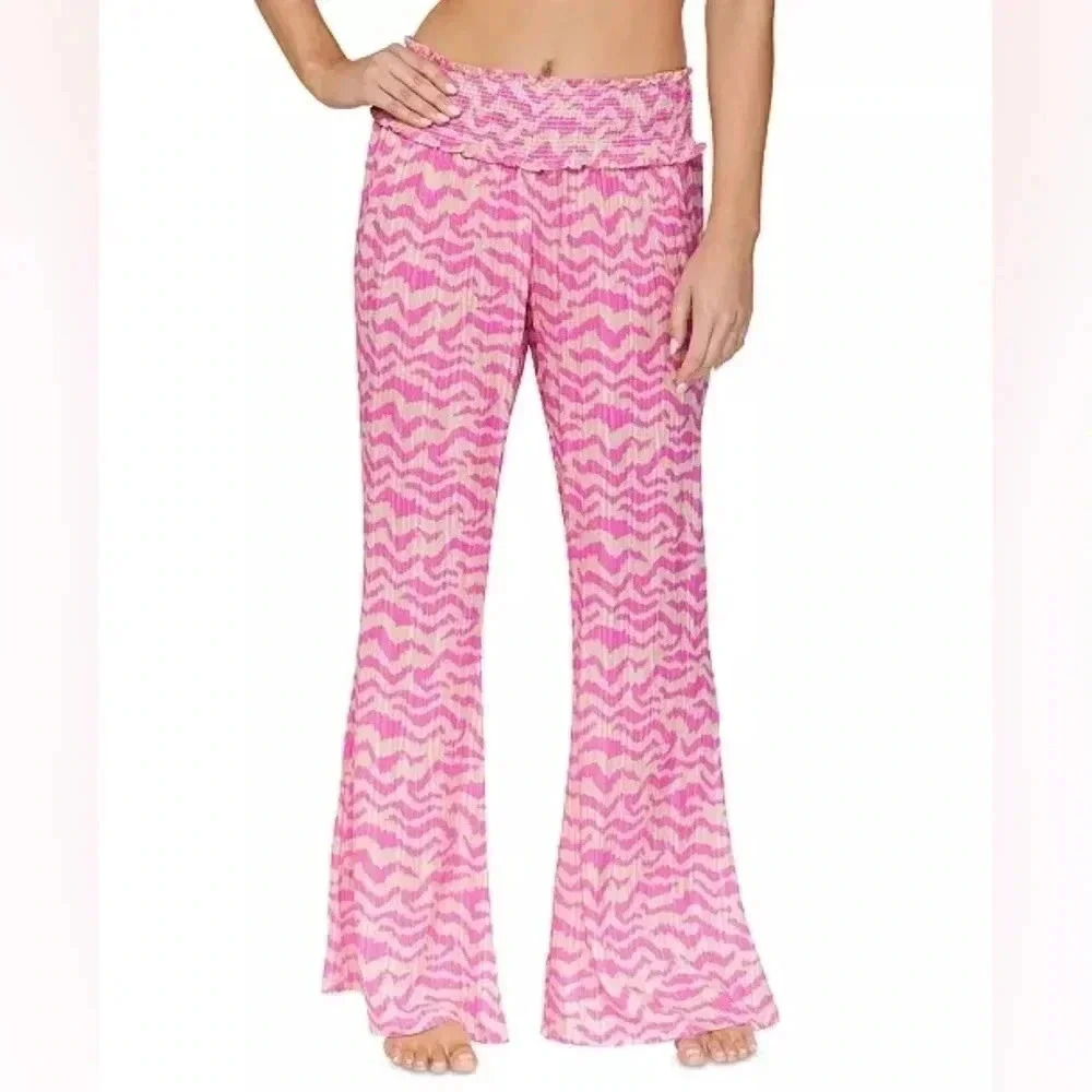 Pink Zebra Print Flare Pants Sz.M Smocked High Waist Lounge Beach Cover Up NWT‎
